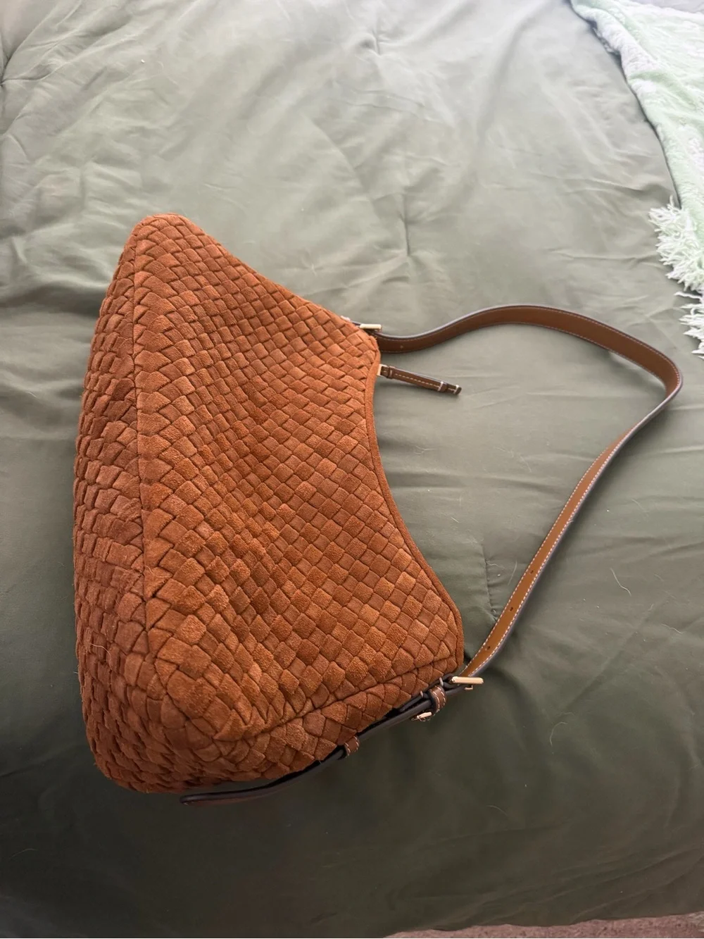 Tory Burch Woven Suede Shoulder Bag in Camel Brown with Gold Logo